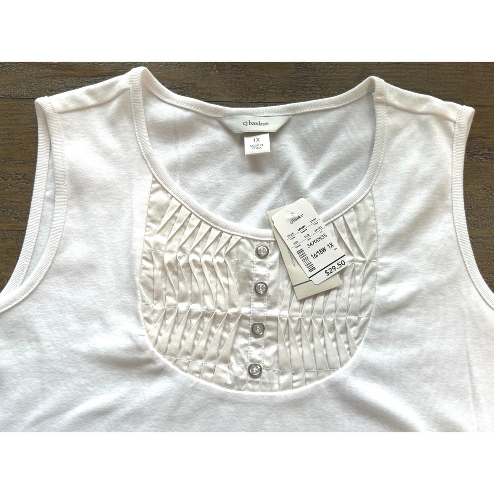 CJ Banks White Cotton Sleeveless Tank Top Pintuck Pleated Bib Sz 1X NWT
